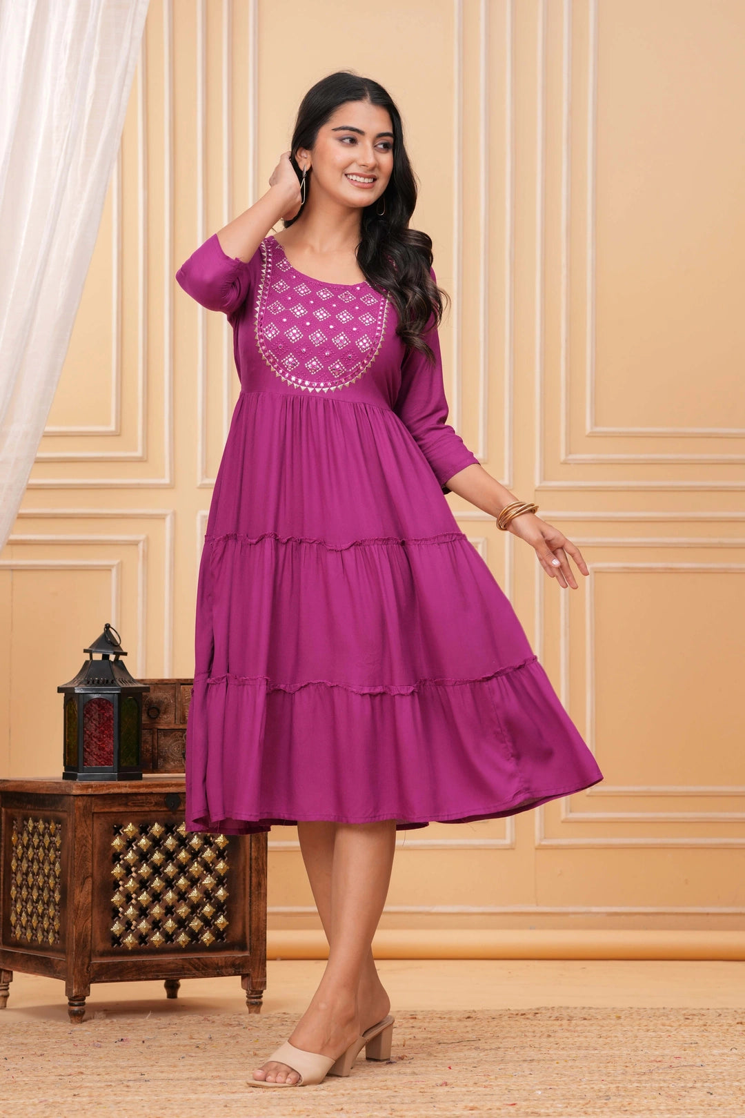 Embroidered Rayon Tiered Dress - Mirror Work Yoke