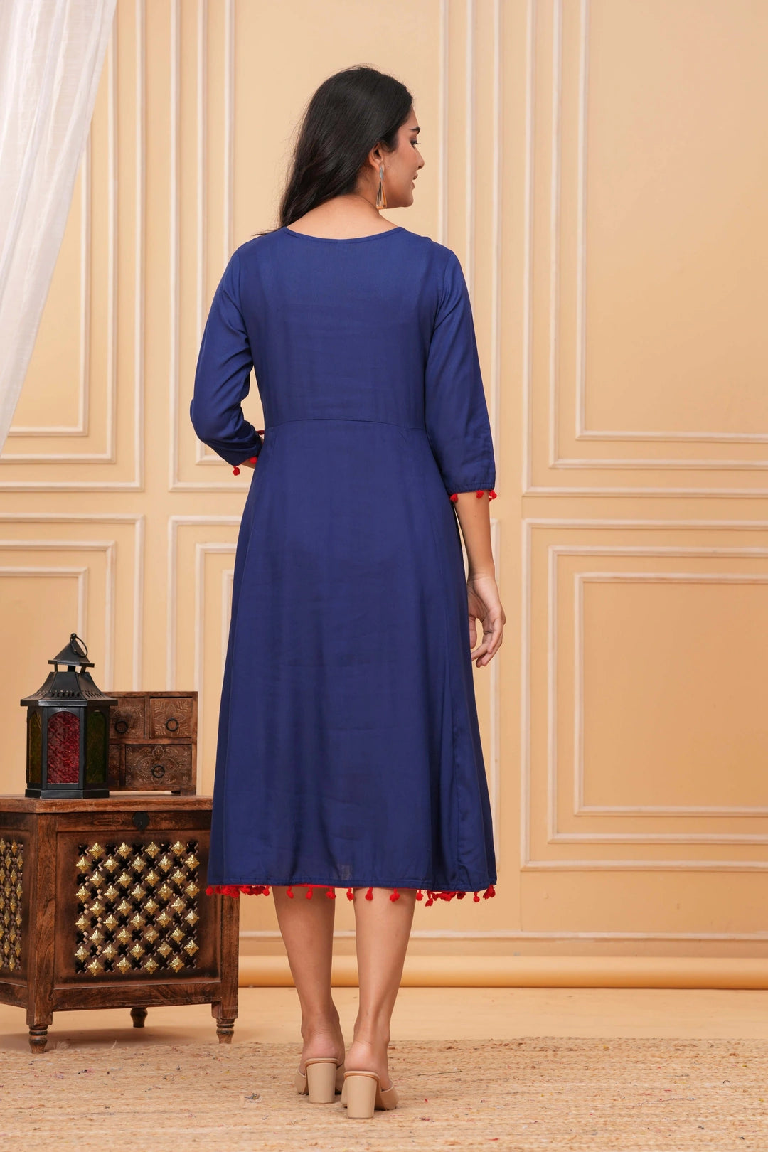 Embroidered Rayon A-line Kurti - Royal Blue Tassel & Yoke Design
