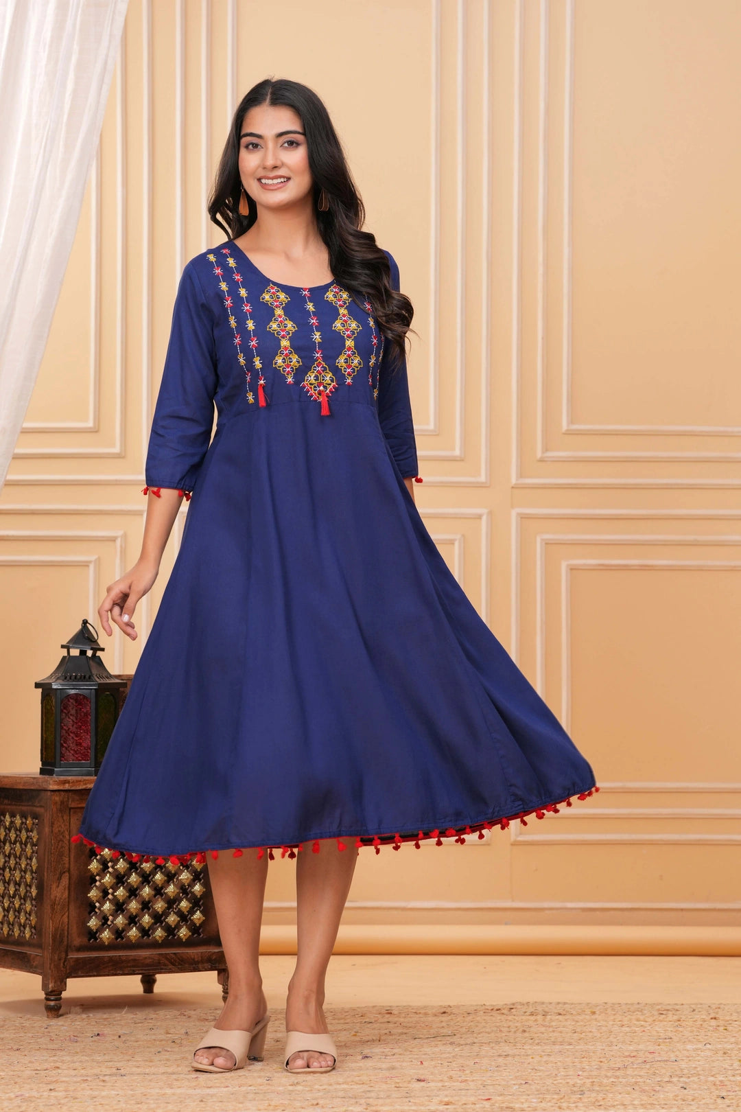 Embroidered Rayon A-line Kurti - Royal Blue Tassel & Yoke Design