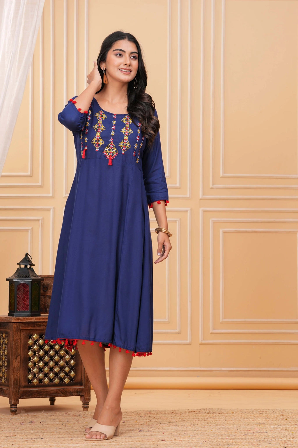 Embroidered Rayon A-line Kurti - Royal Blue Tassel & Yoke Design