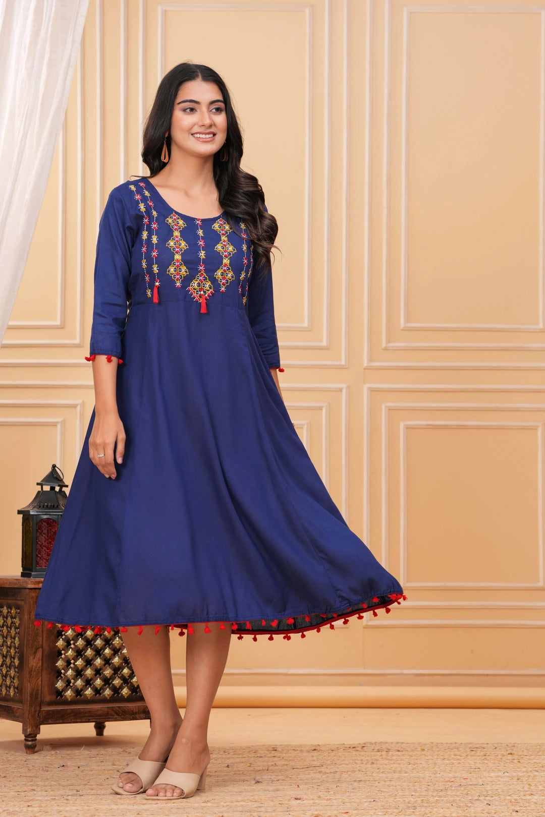 Embroidered Rayon A-line Kurti - Royal Blue Tassel & Yoke Design