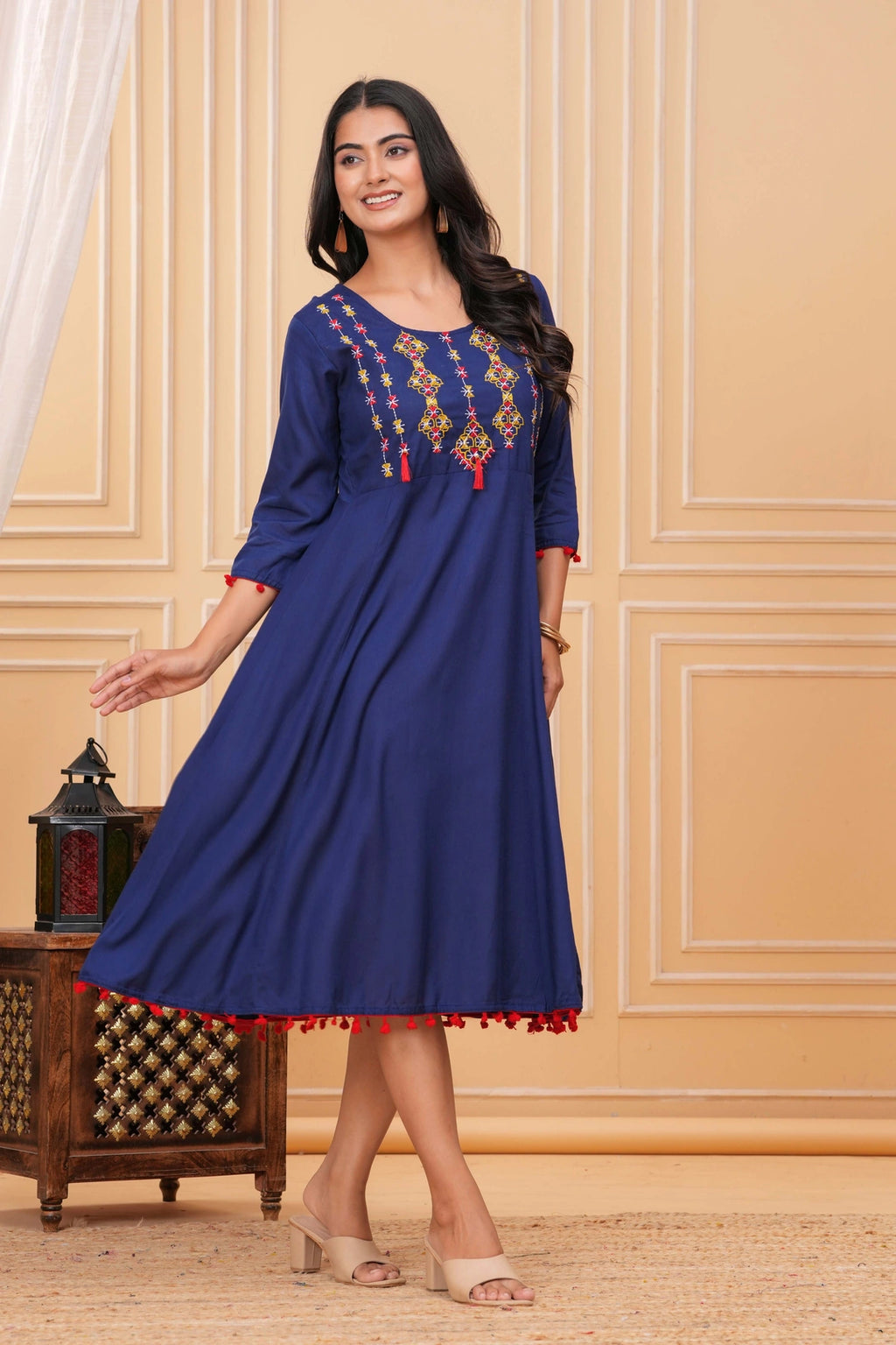 Embroidered Rayon A-line Kurti - Royal Blue Tassel & Yoke Design