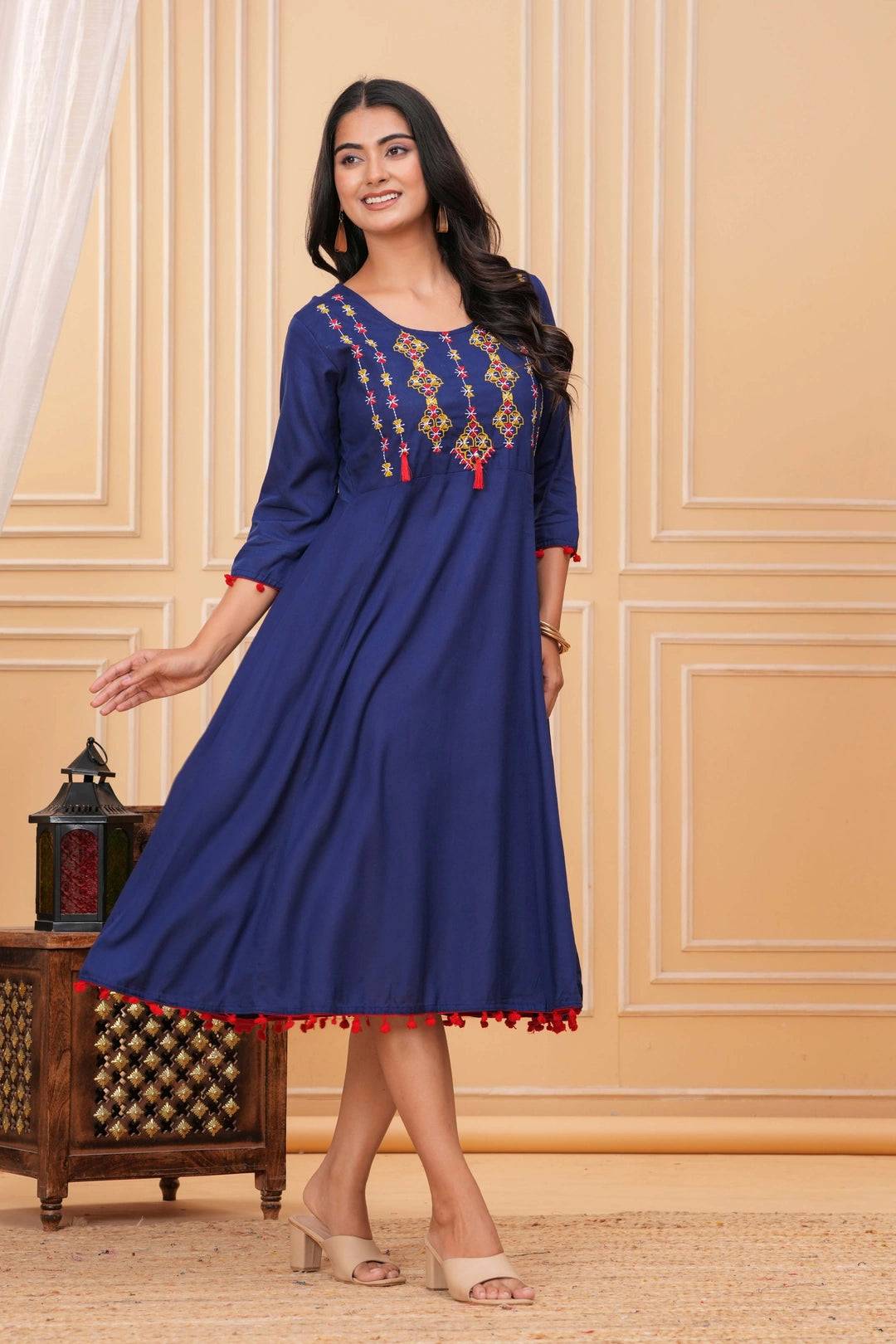 Embroidered Rayon A-line Kurti - Royal Blue Tassel & Yoke Design