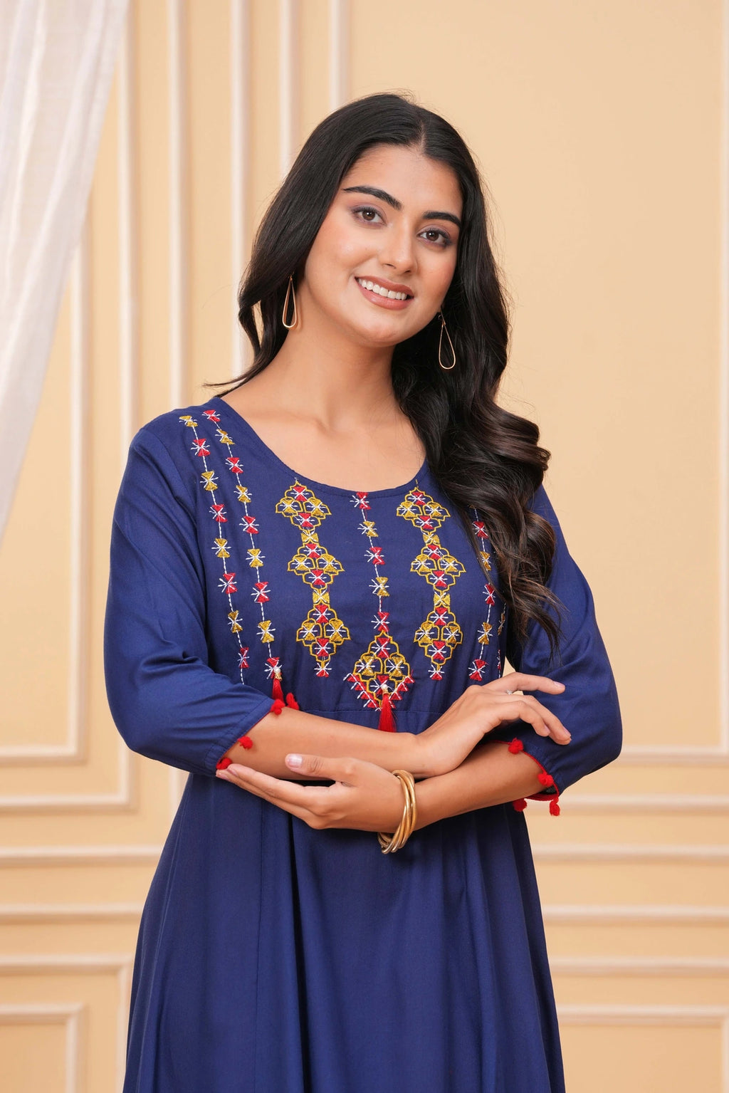 Embroidered Rayon A-line Kurti - Royal Blue Tassel & Yoke Design