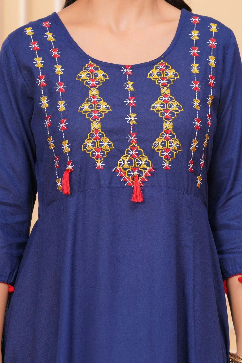 Embroidered Rayon A-line Kurti - Royal Blue Tassel & Yoke Design