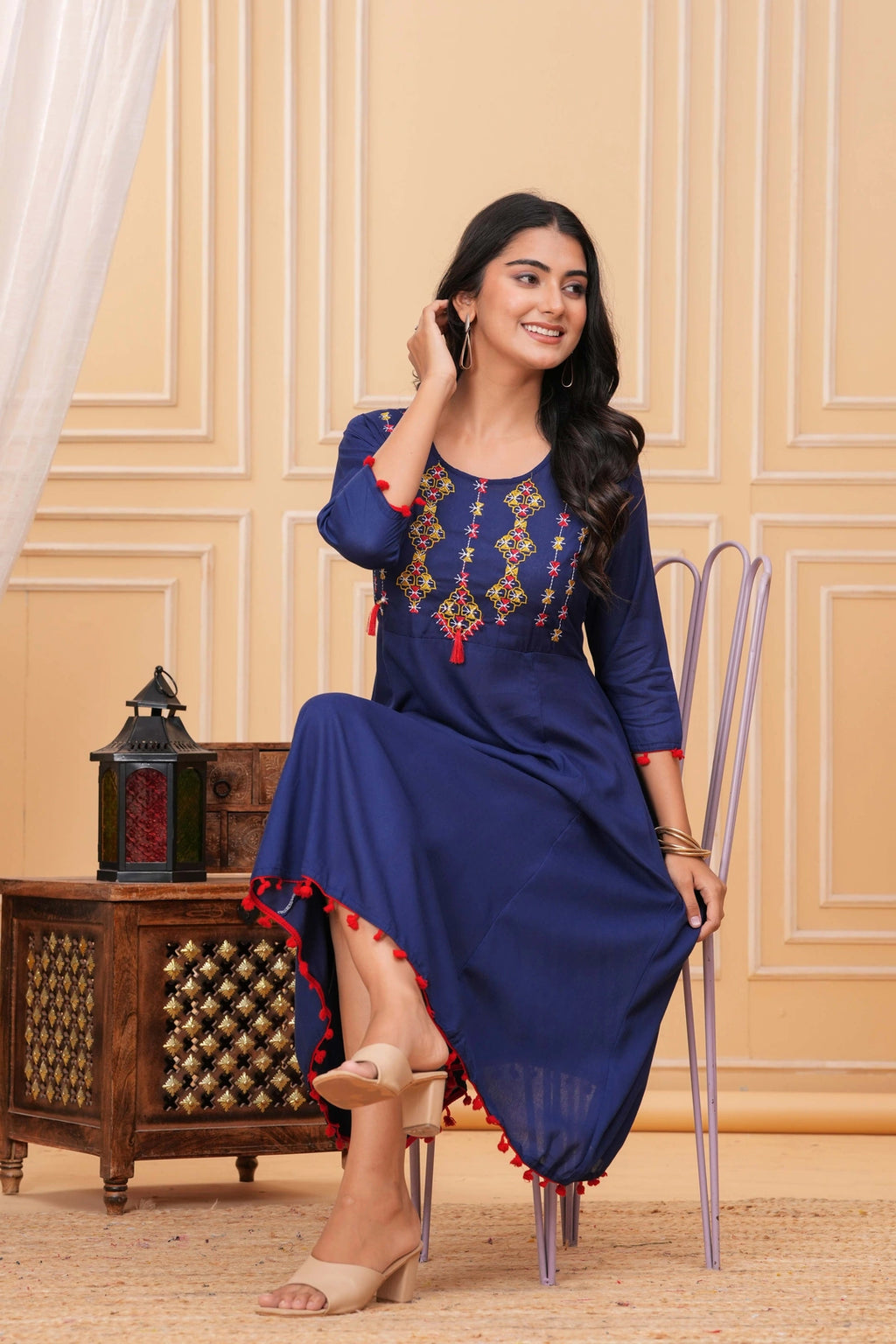 Embroidered Rayon A-line Kurti - Royal Blue Tassel & Yoke Design