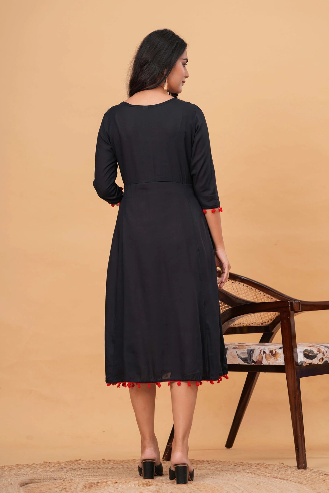 Embroidered Rayon Flared Kurti Dress - Multi-Color Tassel Detail