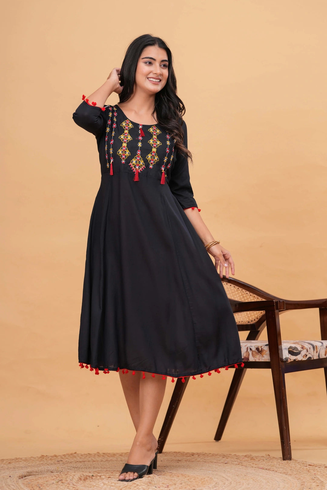 Embroidered Rayon Flared Kurti Dress - Multi-Color Tassel Detail