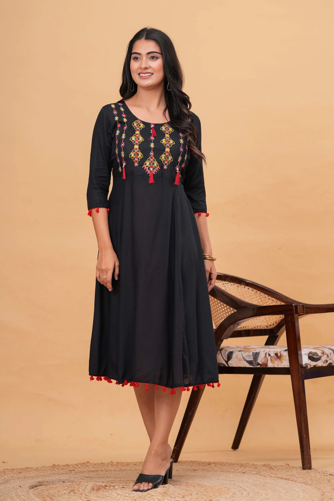 Embroidered Rayon Flared Kurti Dress - Multi-Color Tassel Detail