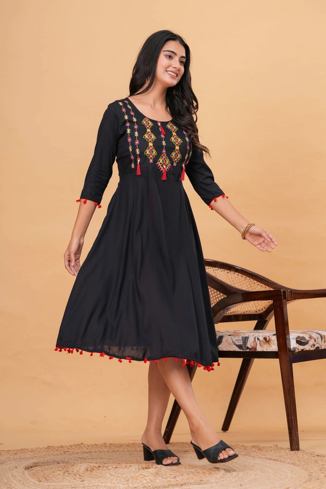 Embroidered Rayon Flared Kurti Dress - Multi-Color Tassel Detail