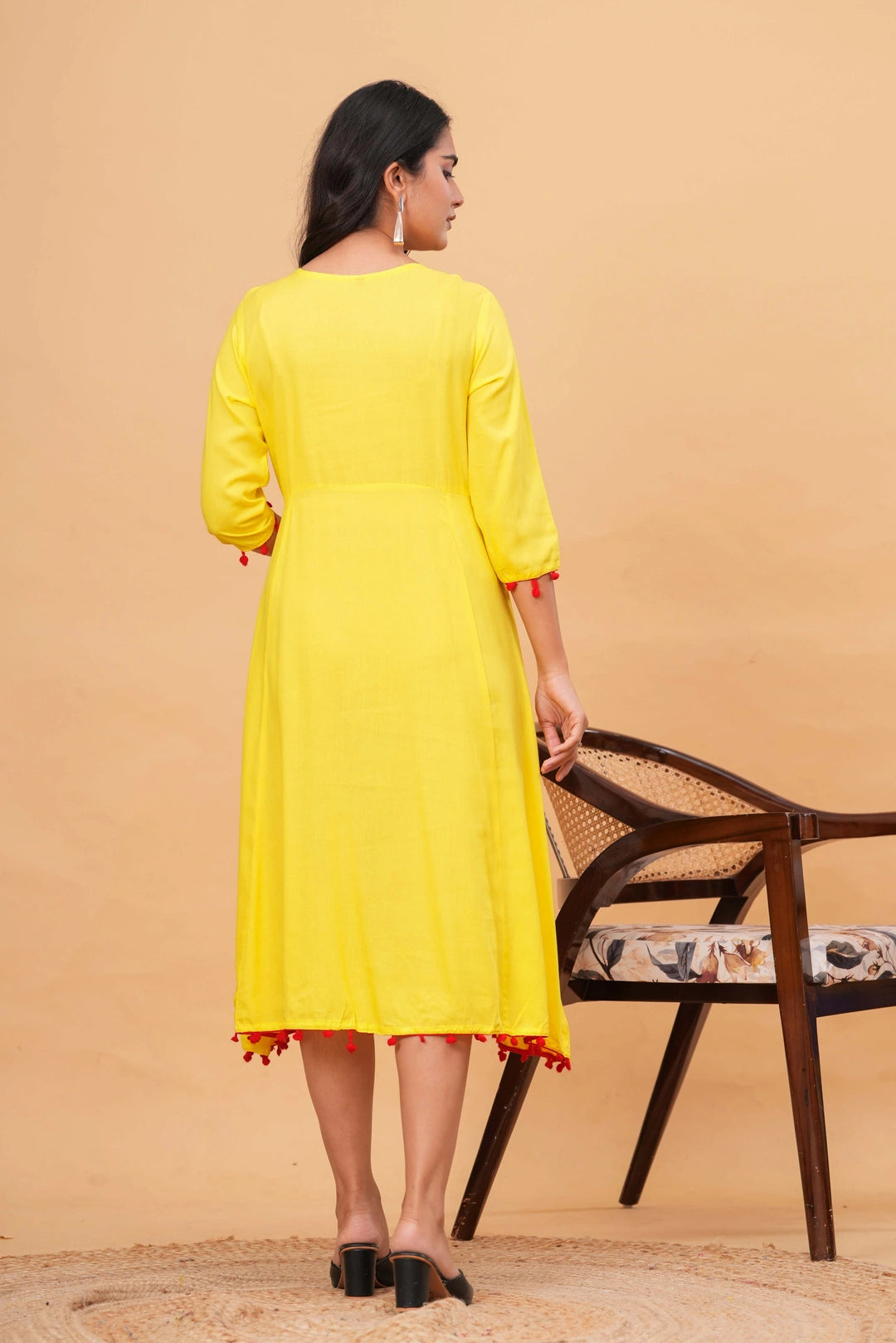 Embroidered Rayon Anarkali Kurta - Sunshine Yellow with Tassels