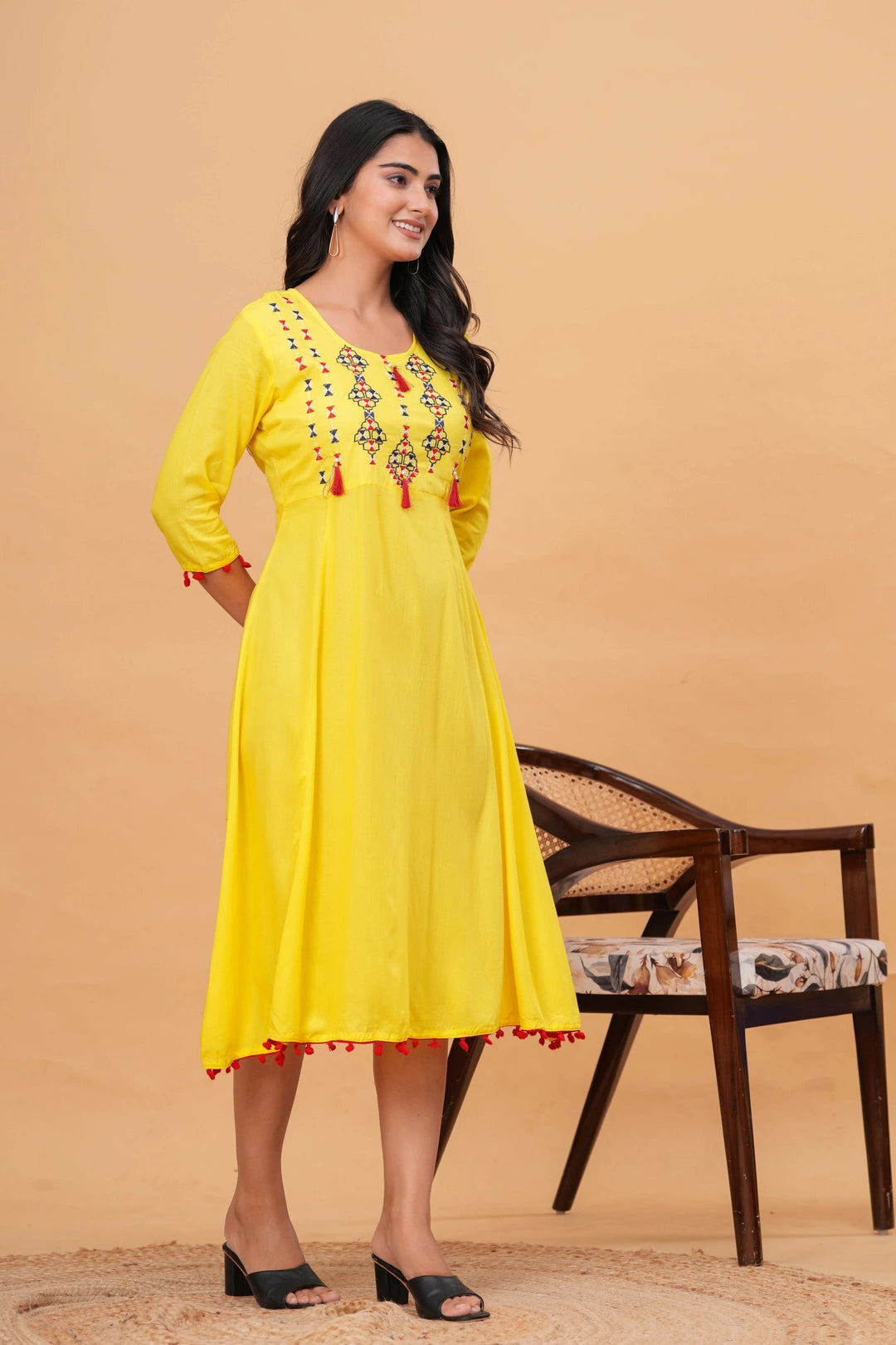 Embroidered Rayon Anarkali Kurta - Sunshine Yellow with Tassels