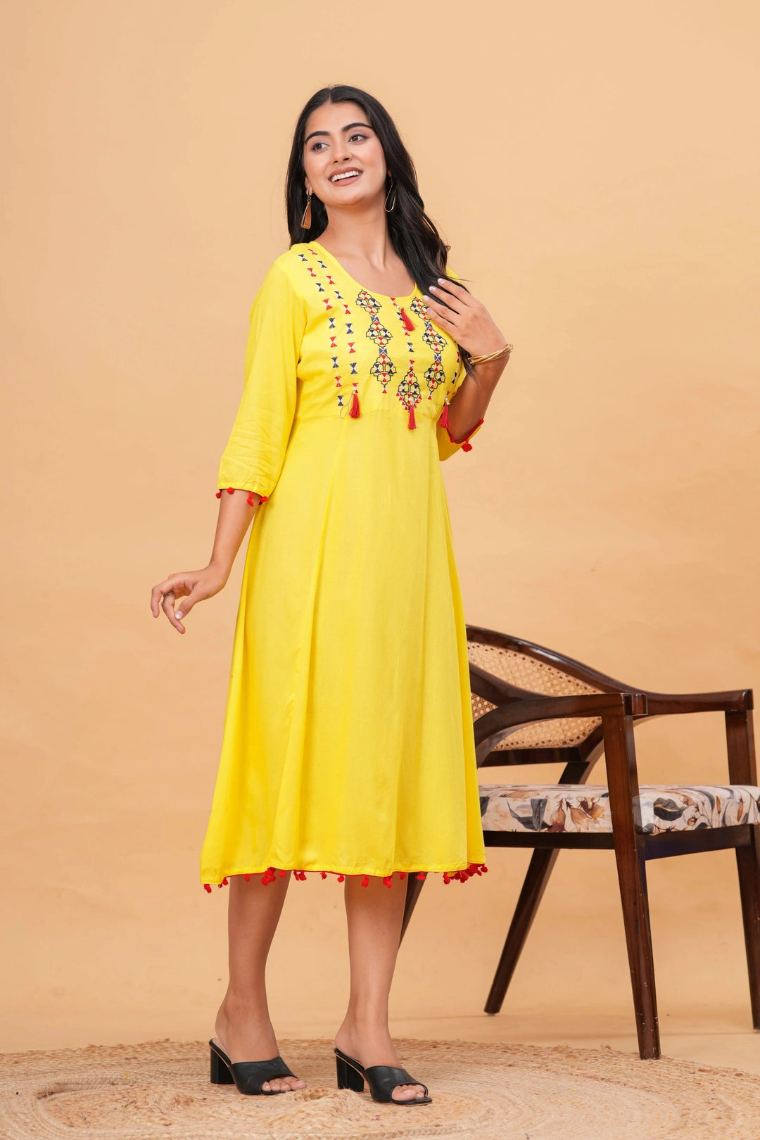 Embroidered Rayon Anarkali Kurta - Sunshine Yellow with Tassels