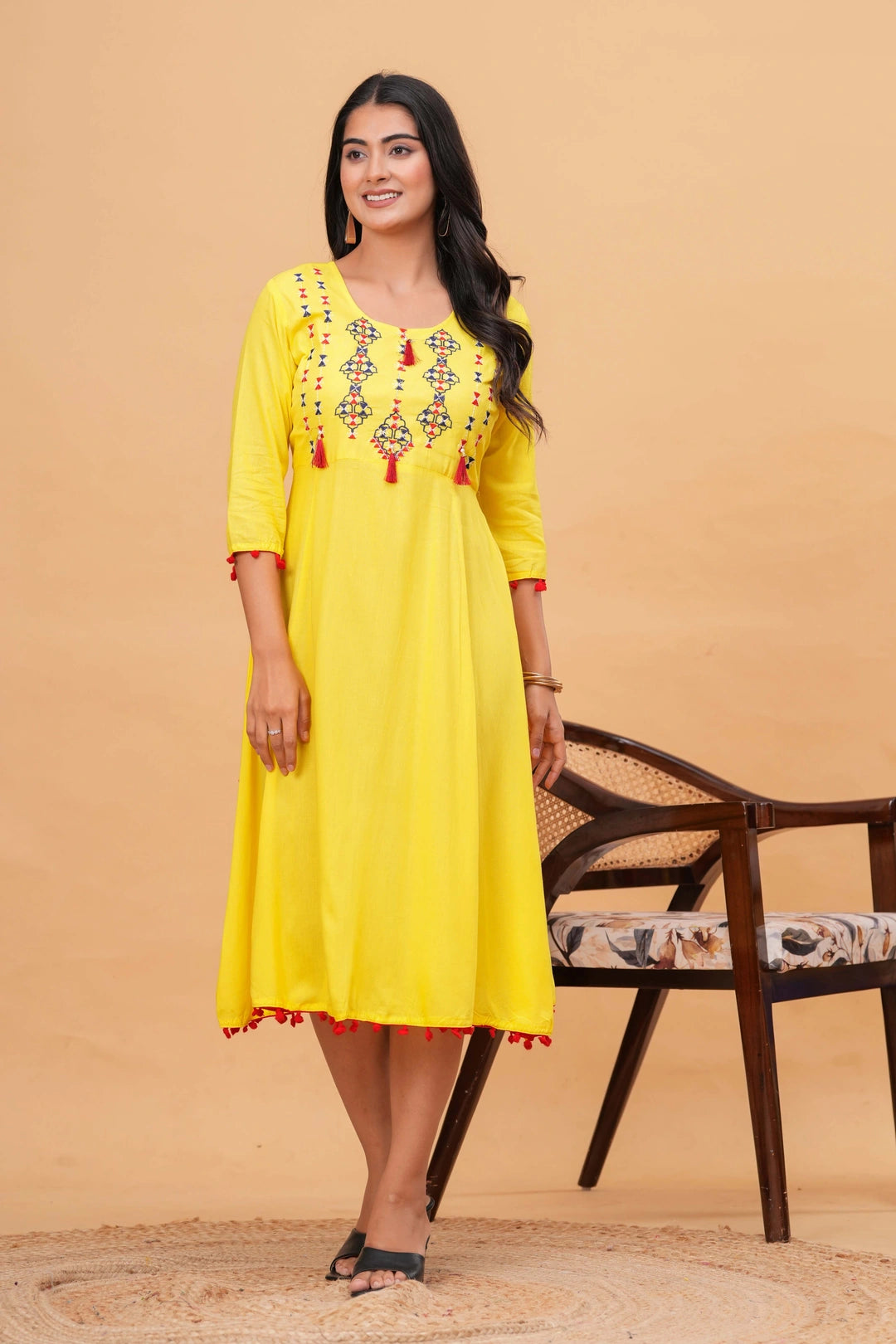 Embroidered Rayon Anarkali Kurta - Sunshine Yellow with Tassels