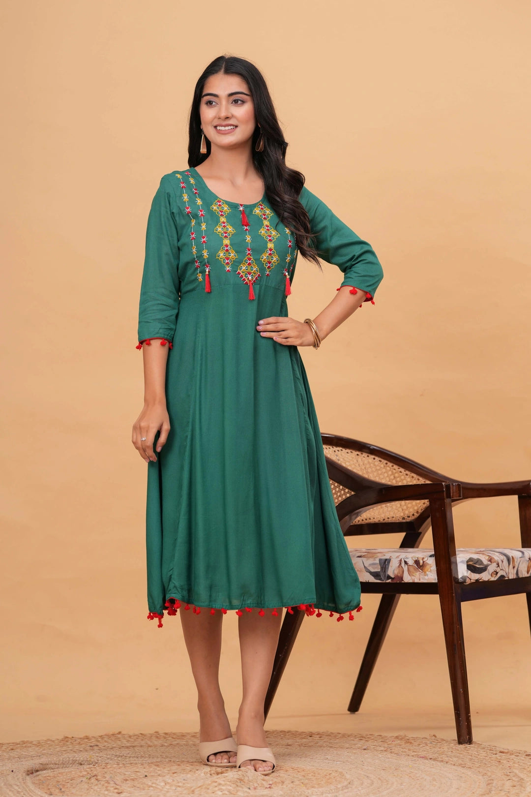 Embroidered Rayon Flared Kurta Dress - Tassel & Pom-Pom Details