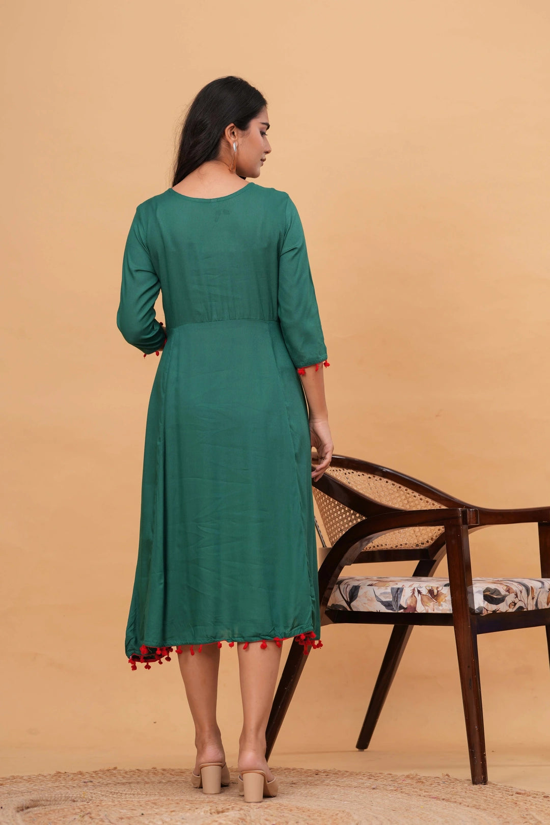 Embroidered Rayon Flared Kurta Dress - Tassel & Pom-Pom Details