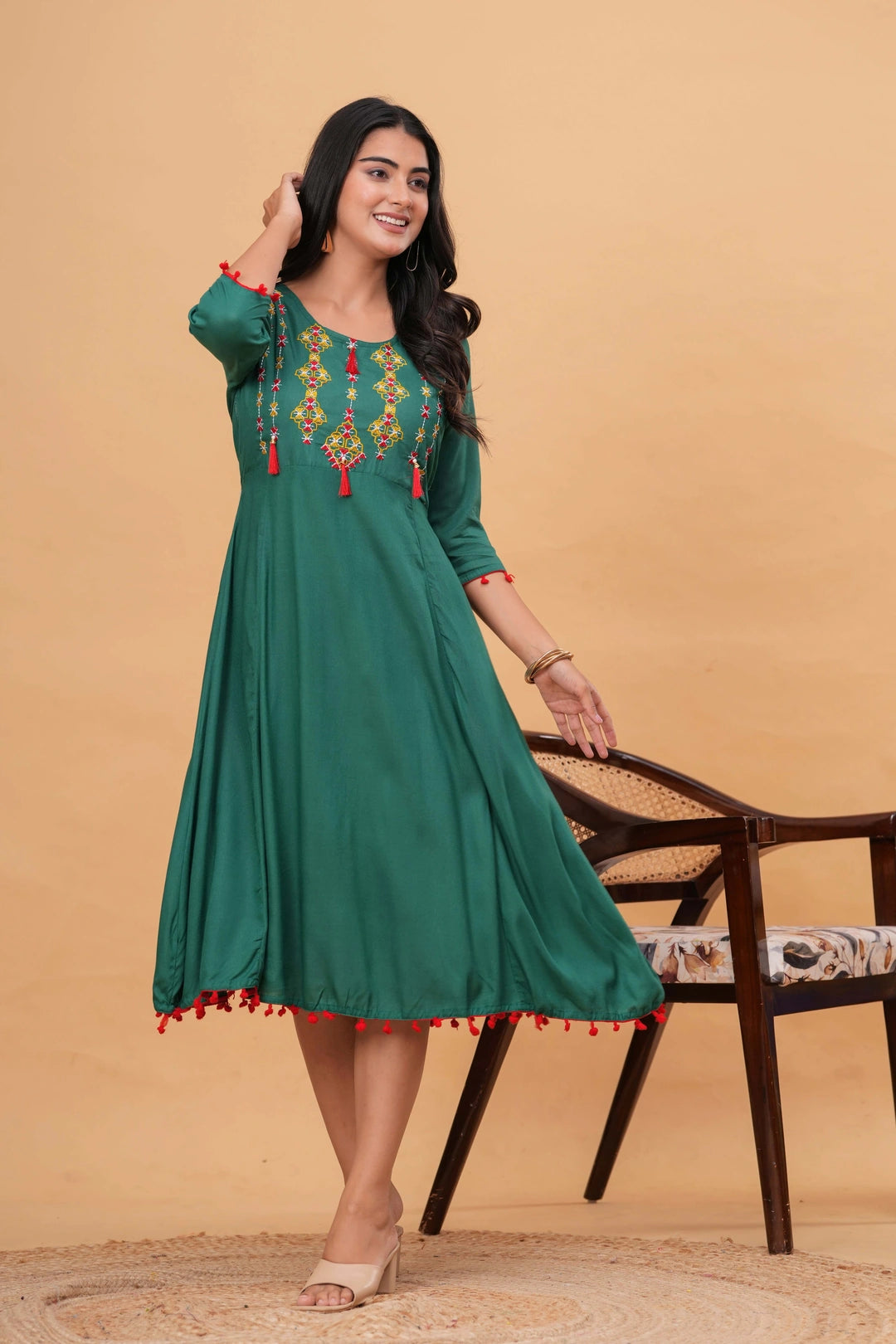 Embroidered Rayon Flared Kurta Dress - Tassel & Pom-Pom Details