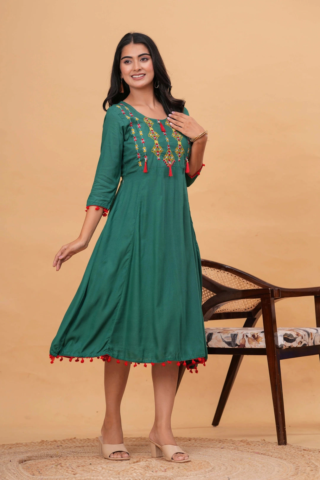 Embroidered Rayon Flared Kurta Dress - Tassel & Pom-Pom Details