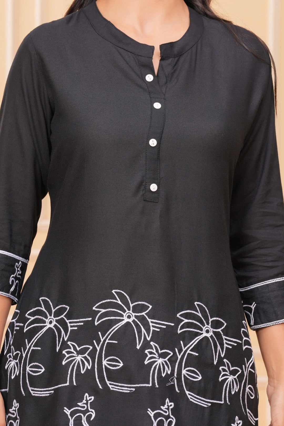Embroidered Cotton Suit Set - Tropical Palm & Deer Motif