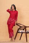 Red cotton kurta set with white handblock printed deer and foliage motifs