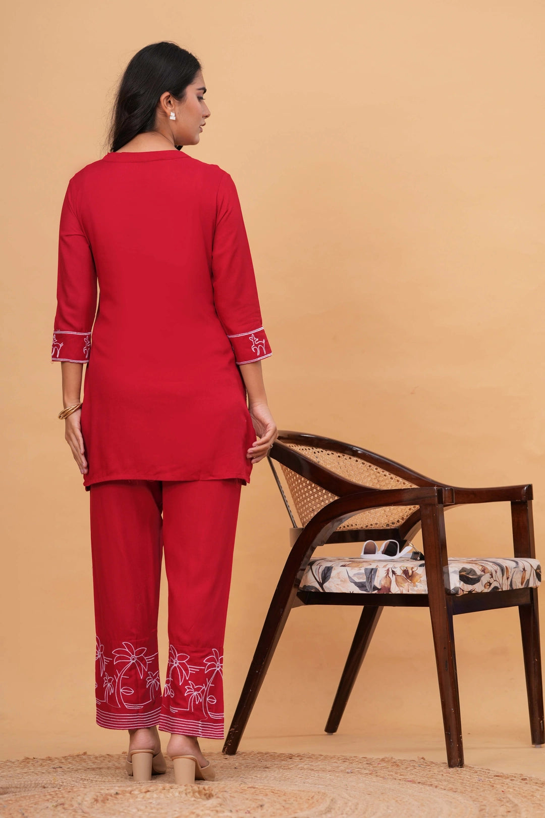 Handblock Printed Cotton Kurta Set - Red Deer & Foliage Motifs