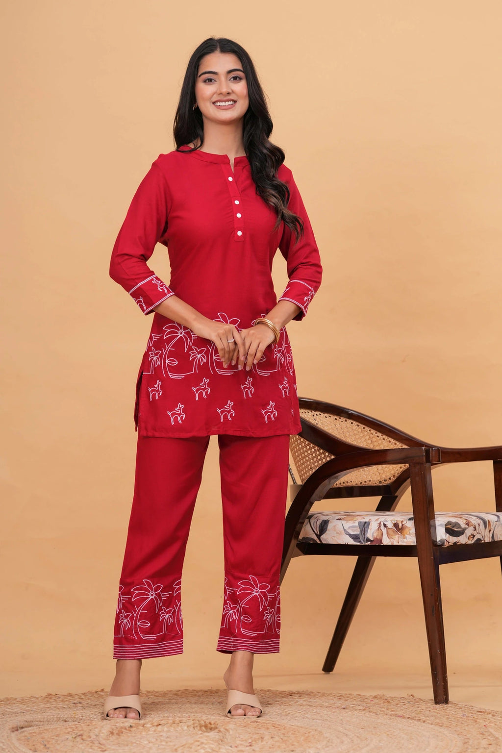 Handblock Printed Cotton Kurta Set - Red Deer & Foliage Motifs