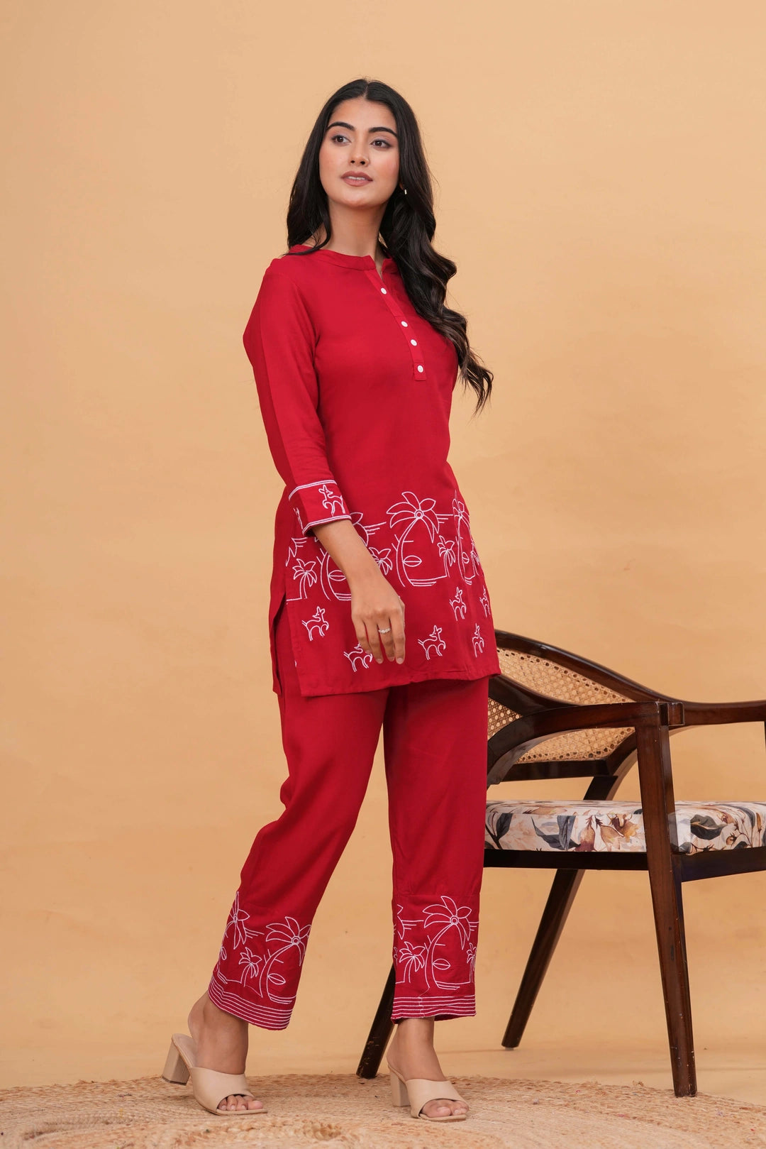 Handblock Printed Cotton Kurta Set - Red Deer & Foliage Motifs