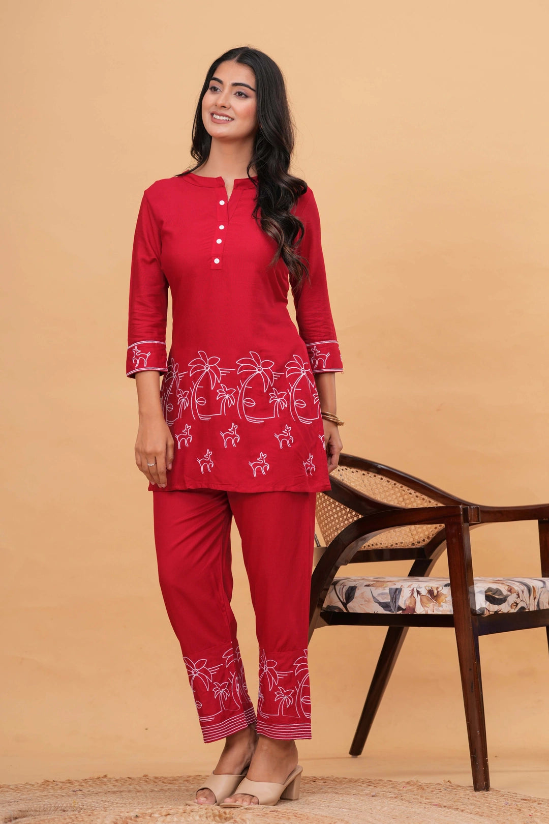 Handblock Printed Cotton Kurta Set - Red Deer & Foliage Motifs