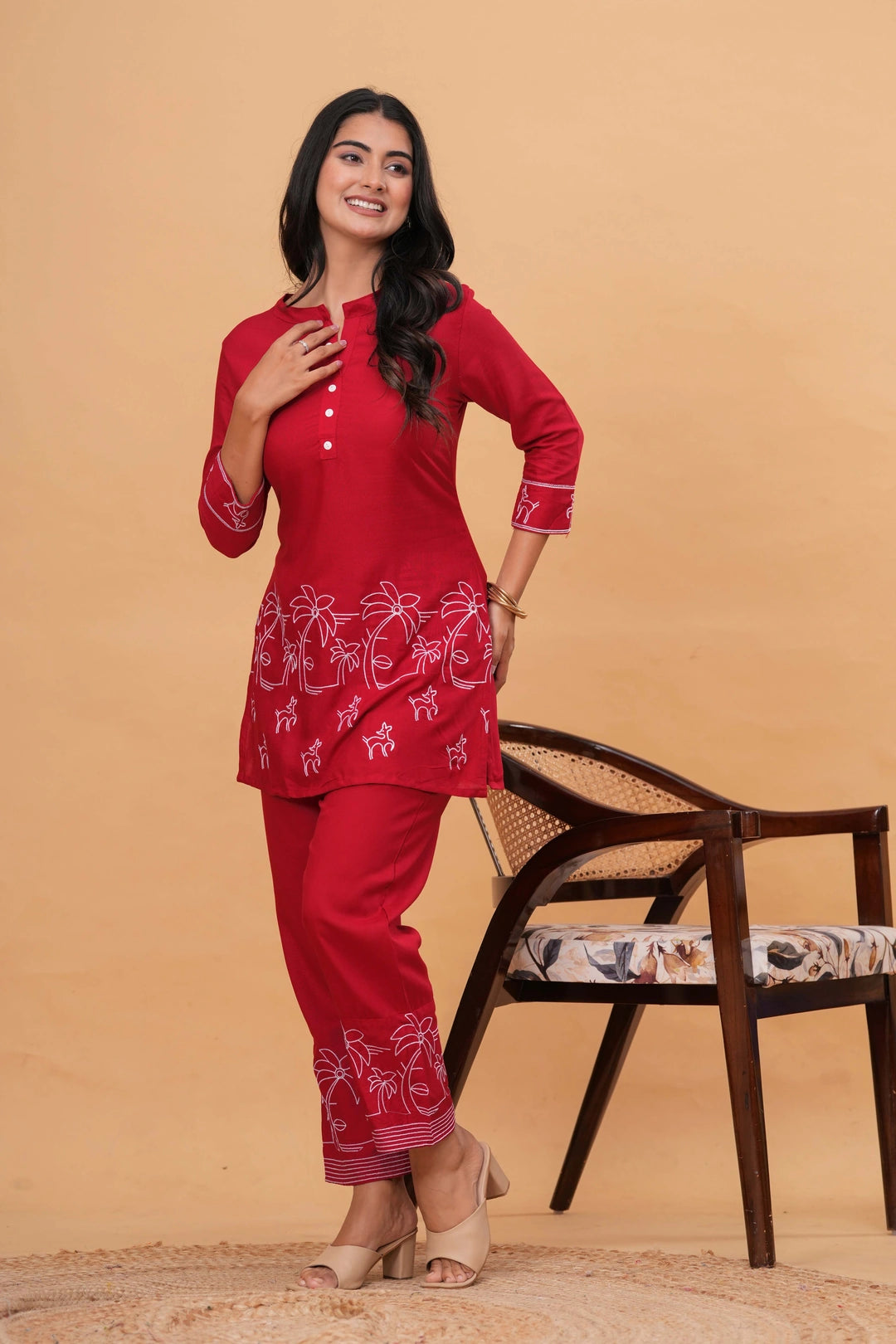 Handblock Printed Cotton Kurta Set - Red Deer & Foliage Motifs