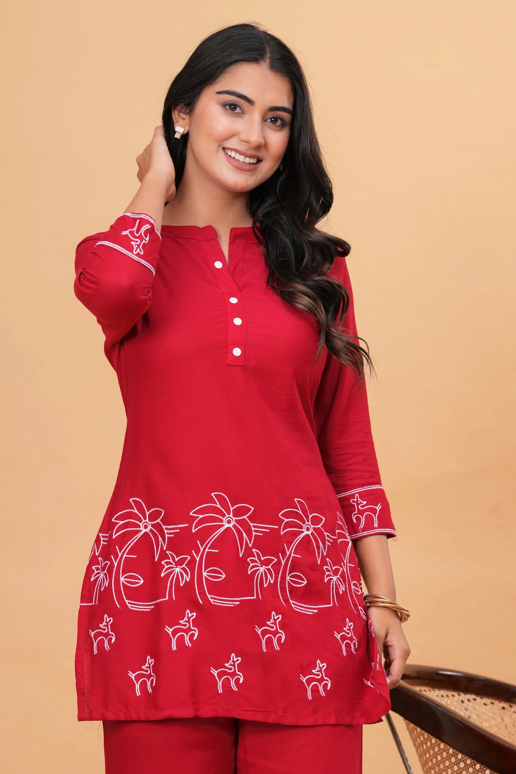 Handblock Printed Cotton Kurta Set - Red Deer & Foliage Motifs