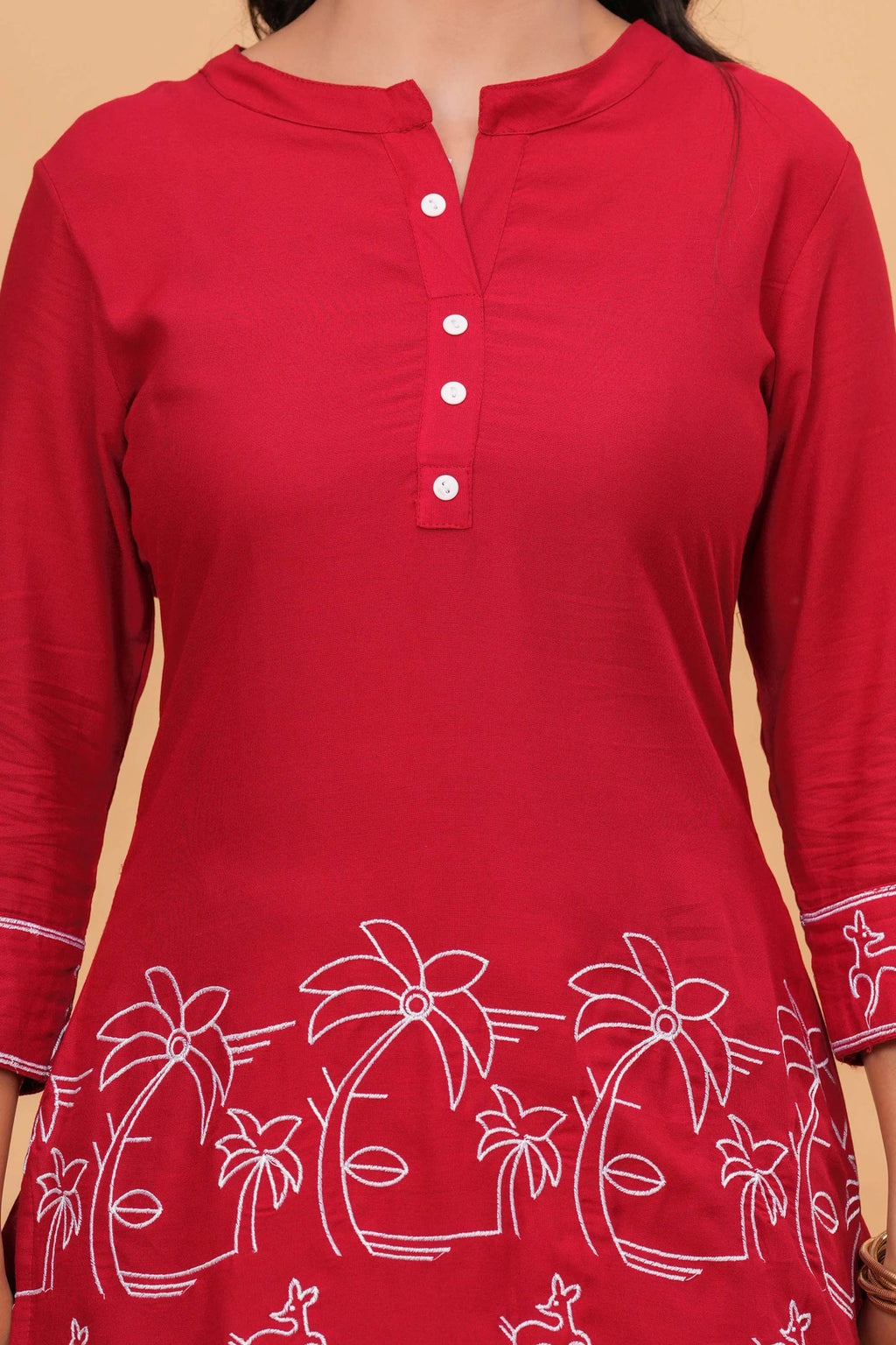 Handblock Printed Cotton Kurta Set - Red Deer & Foliage Motifs