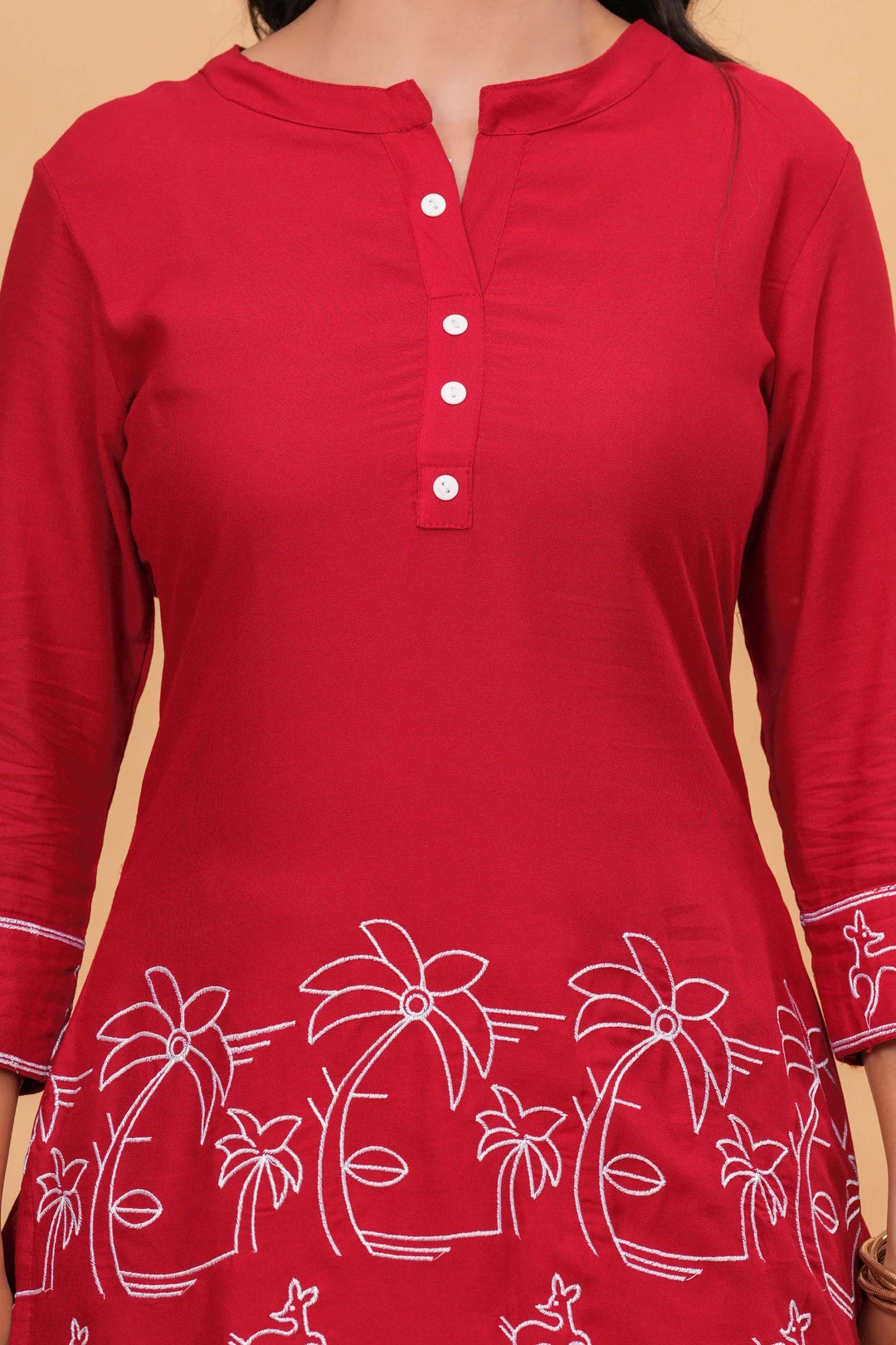 Handblock Printed Cotton Kurta Set - Red Deer & Foliage Motifs