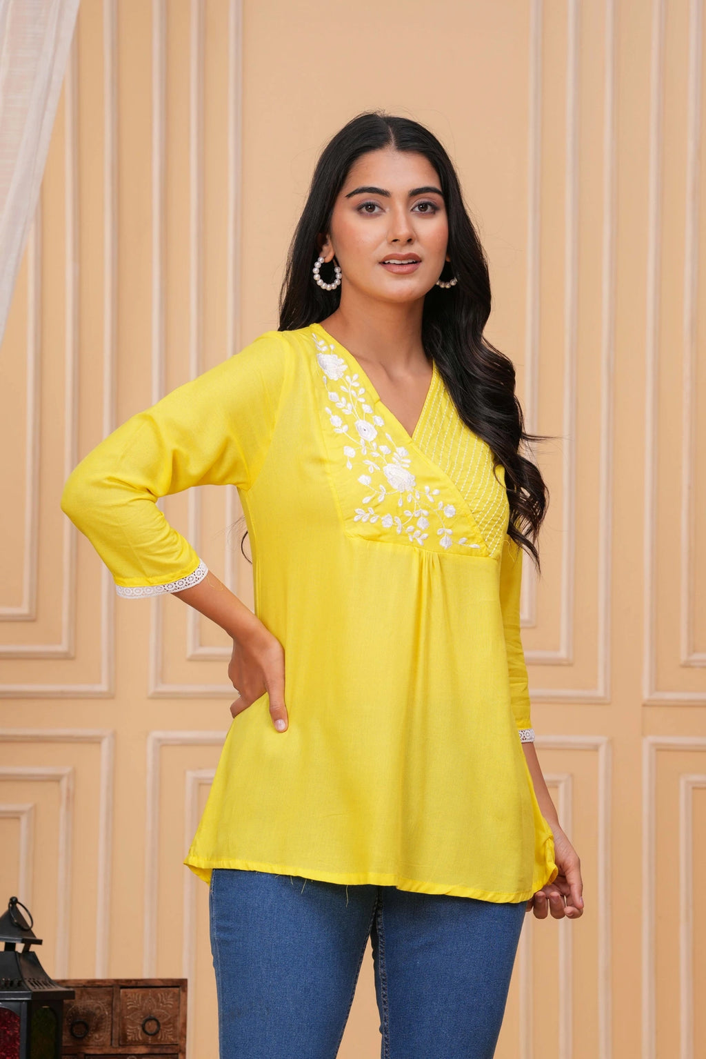 Embroidered Cotton Tunic - Elegant White Floral & Striped Design