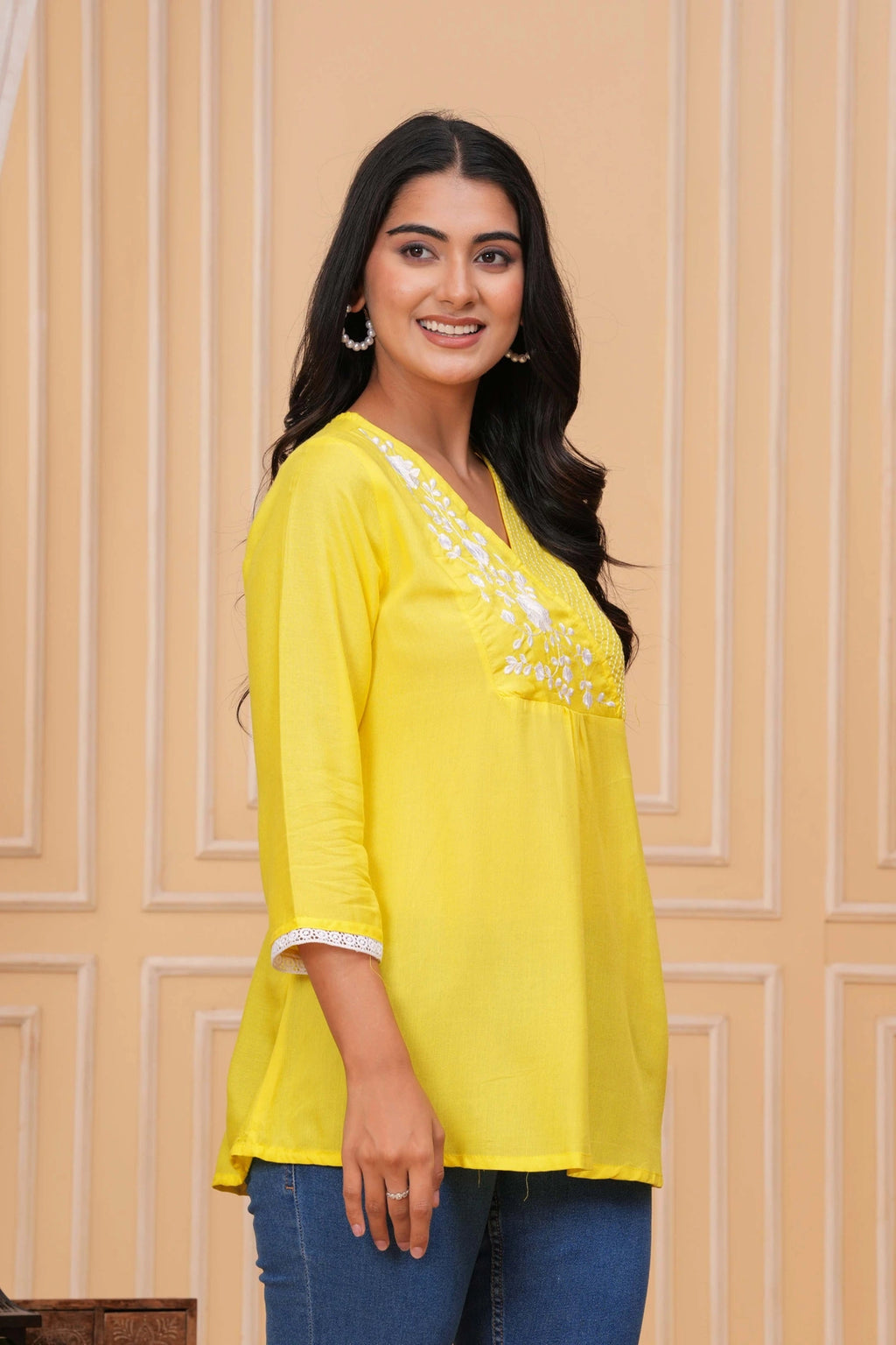 Embroidered Cotton Tunic - Elegant White Floral & Striped Design