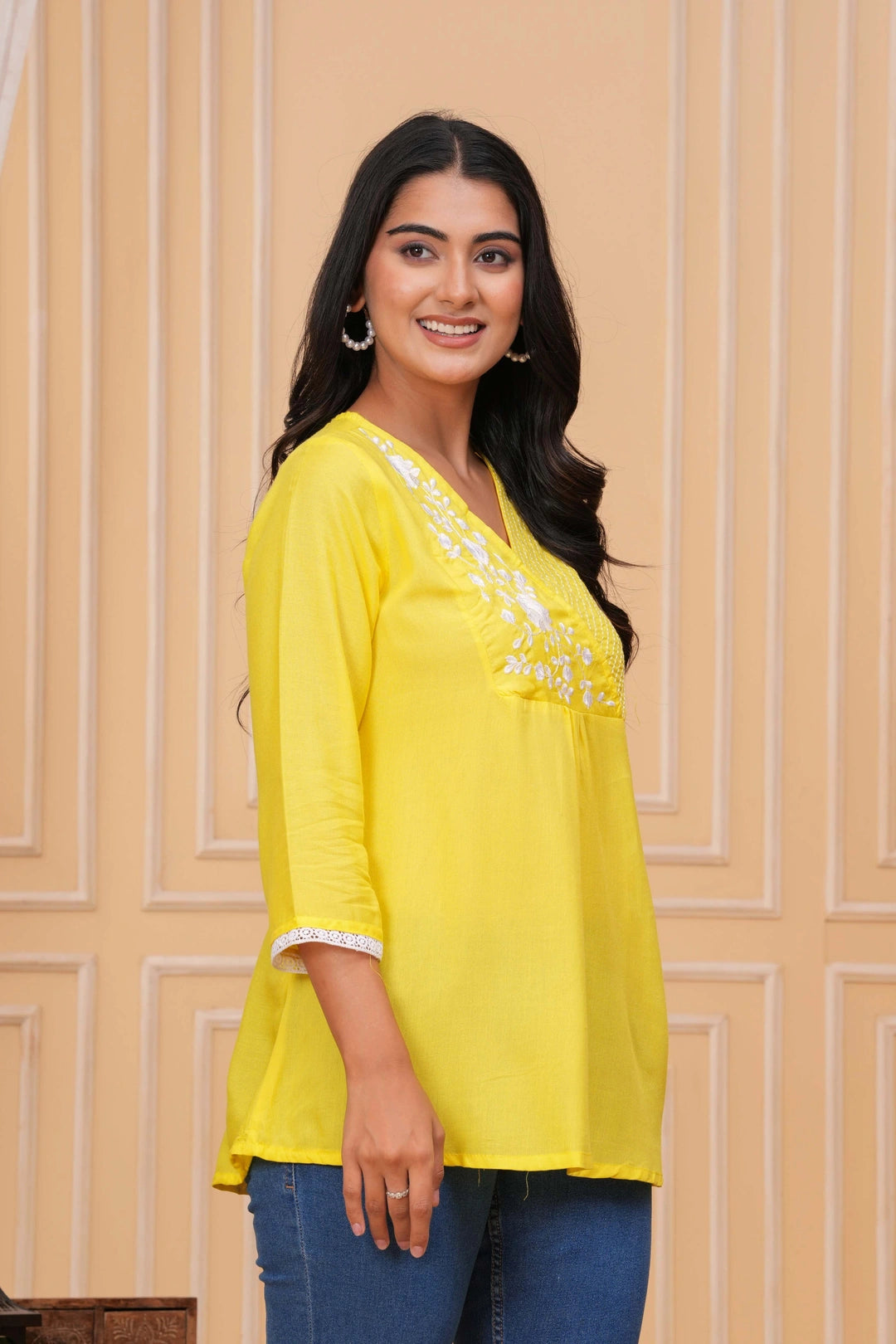 Embroidered Cotton Tunic - Elegant White Floral & Striped Design