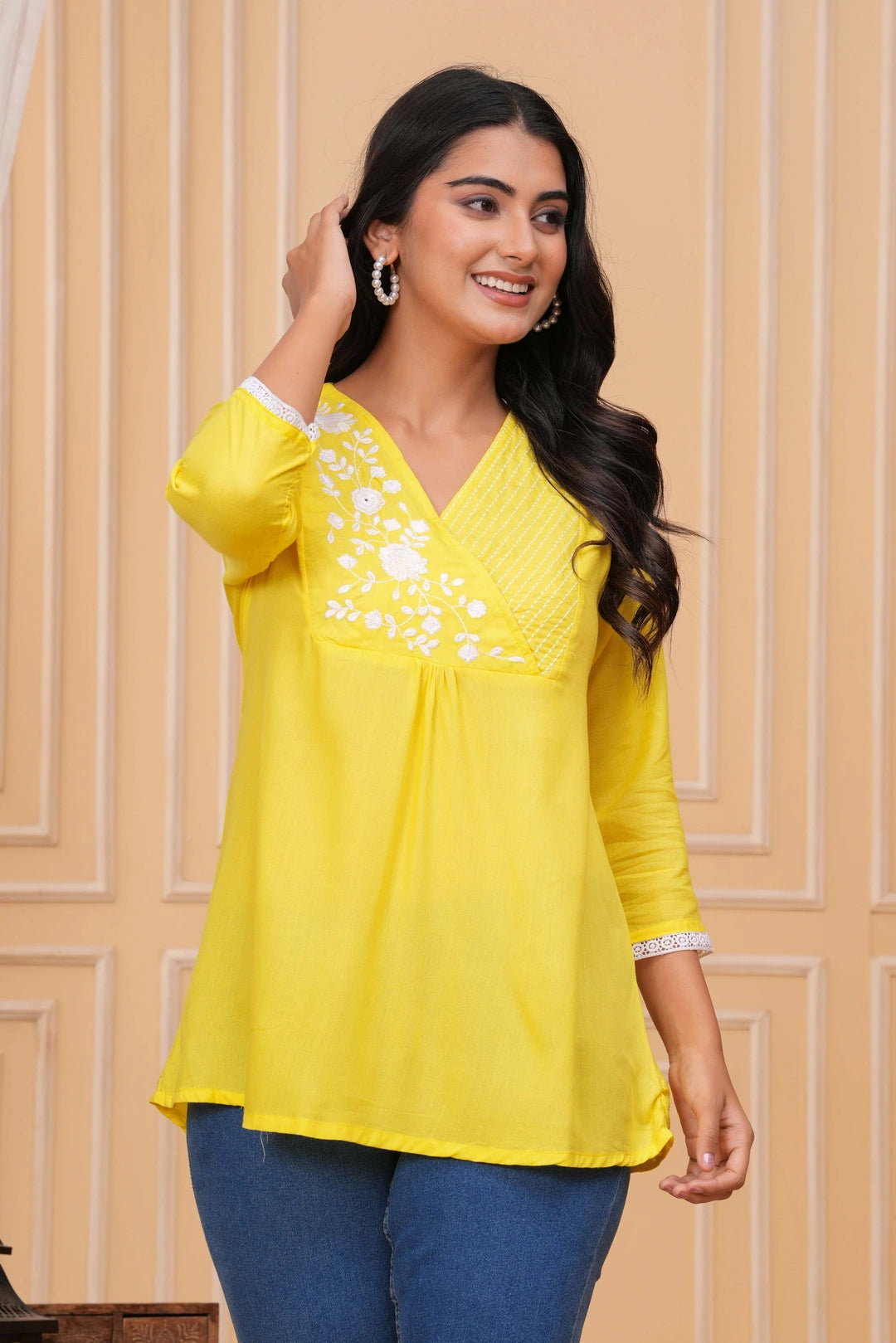 Embroidered Cotton Tunic - Elegant White Floral & Striped Design