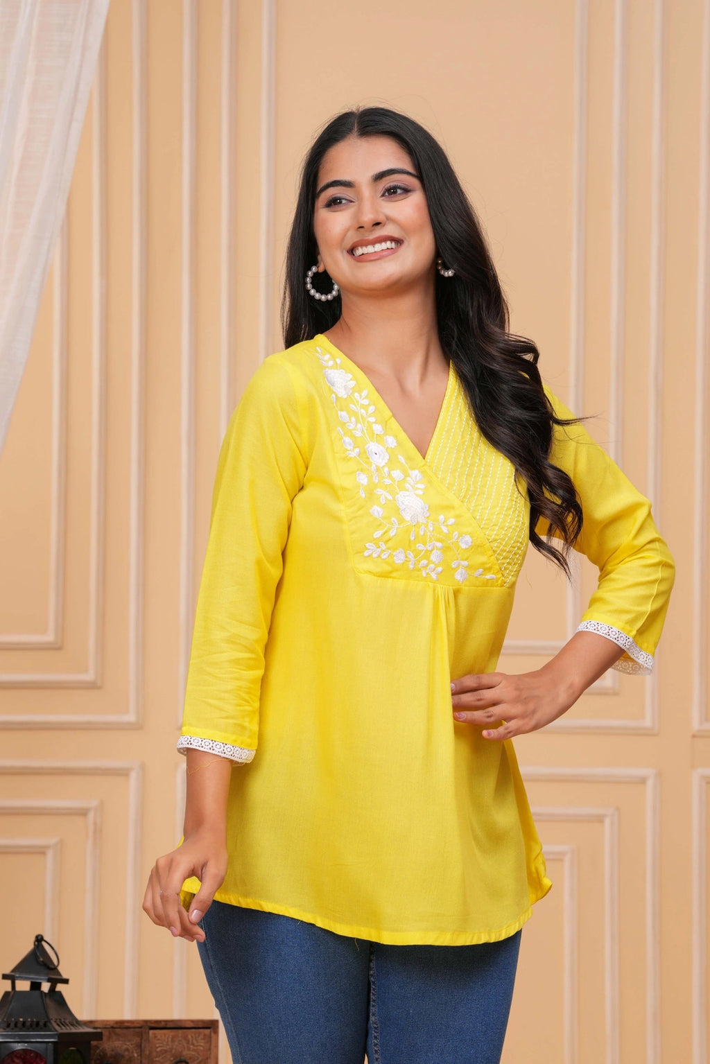 Embroidered Cotton Tunic - Elegant White Floral & Striped Design
