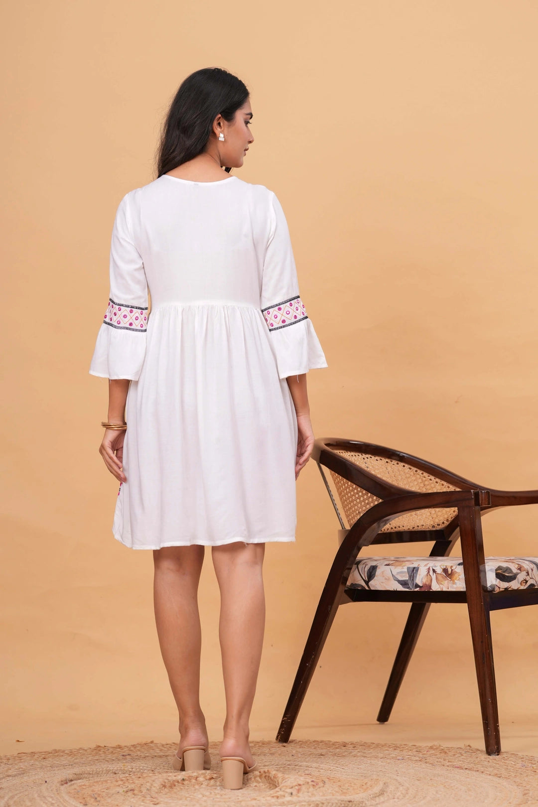 Embroidered Rayon Kurti Top - White Floral & Stripe Detail