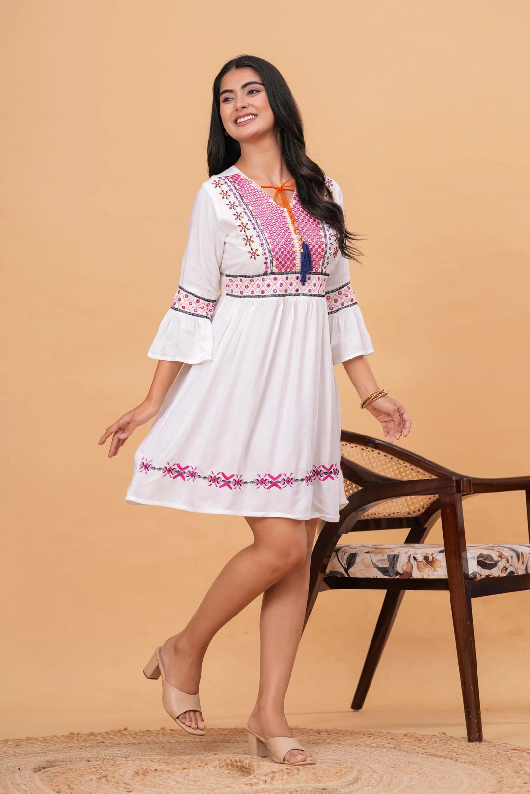 Embroidered Rayon Kurti Top - White Floral & Stripe Detail