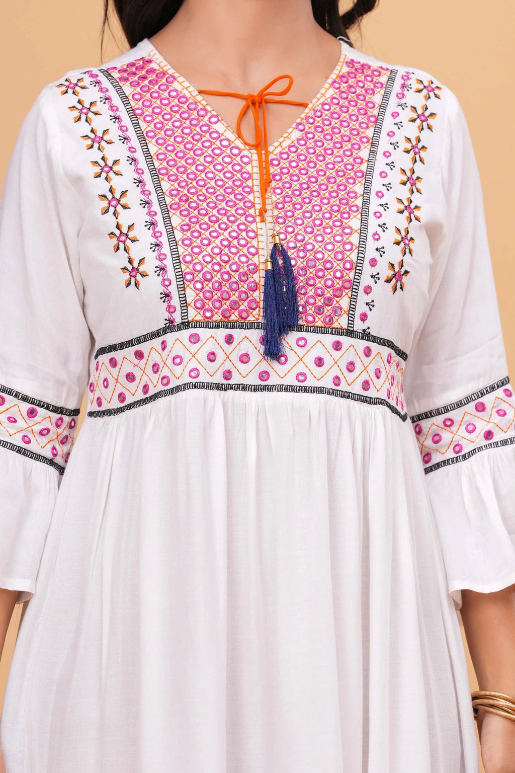 Embroidered Rayon Kurti Top - White Floral & Stripe Detail