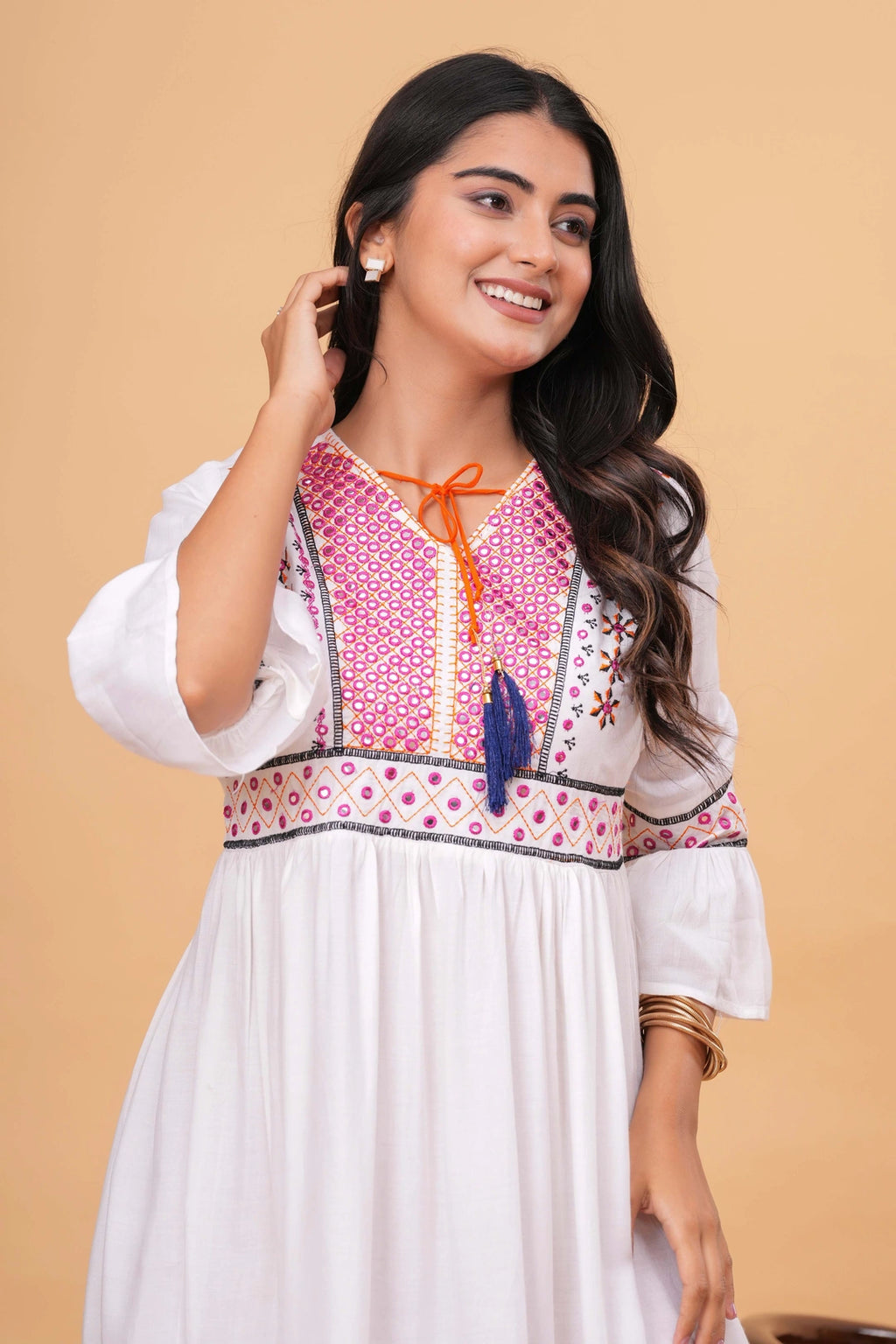 Embroidered Rayon Kurti Top - White Floral & Stripe Detail