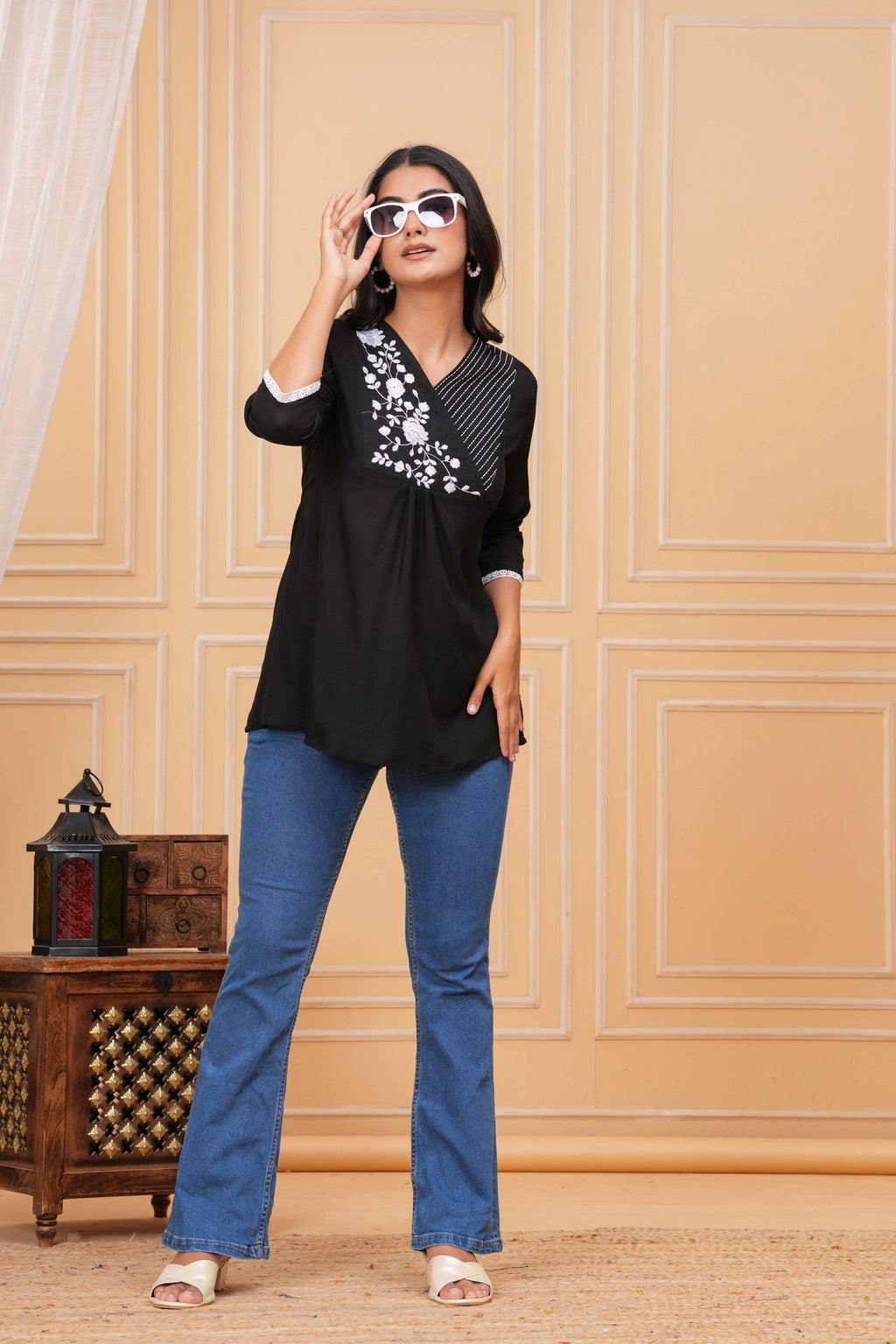 Embroidered Cotton Flex Kurta - Elegant Floral Yoke Design