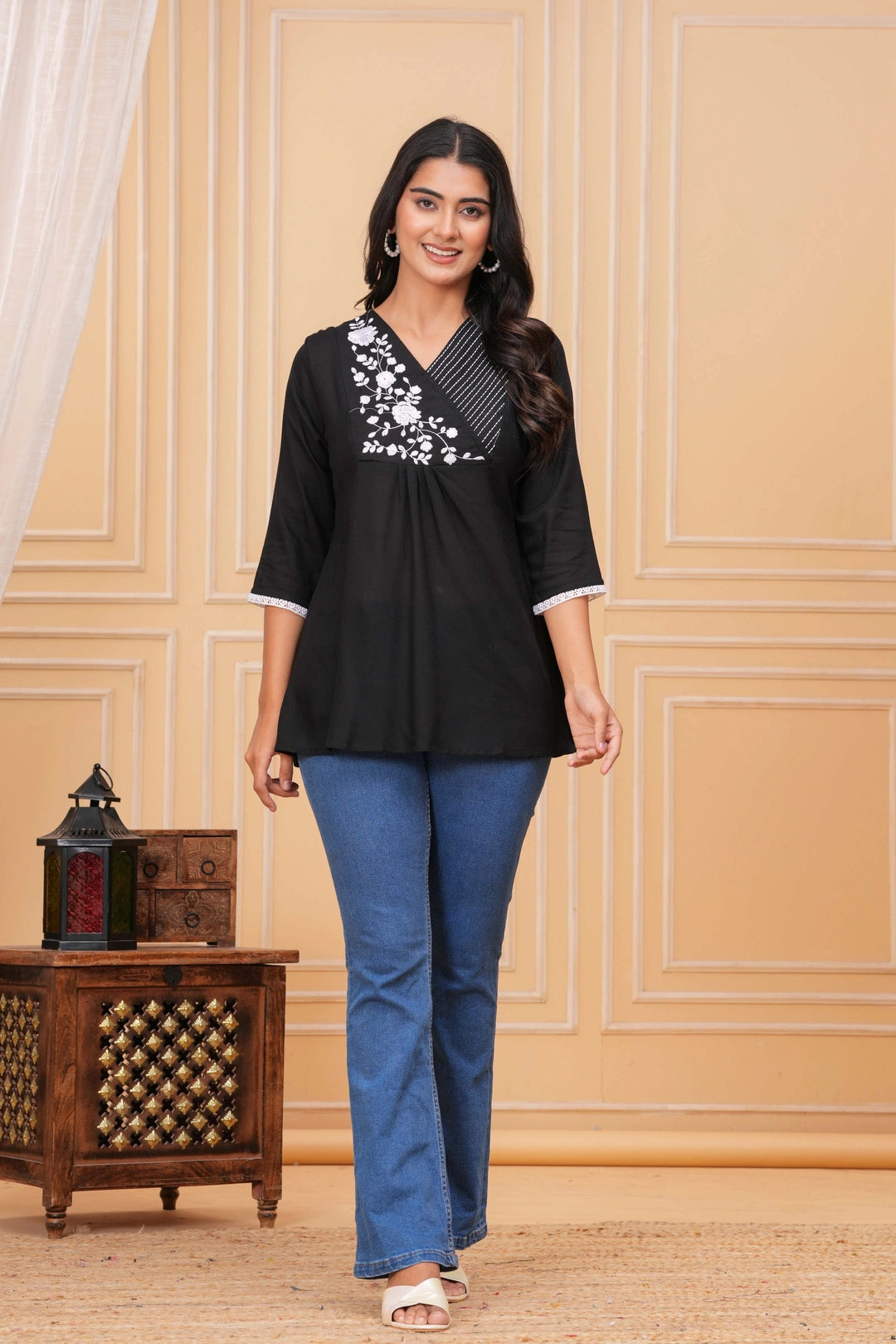 Embroidered Cotton Flex Kurta - Elegant Floral Yoke Design