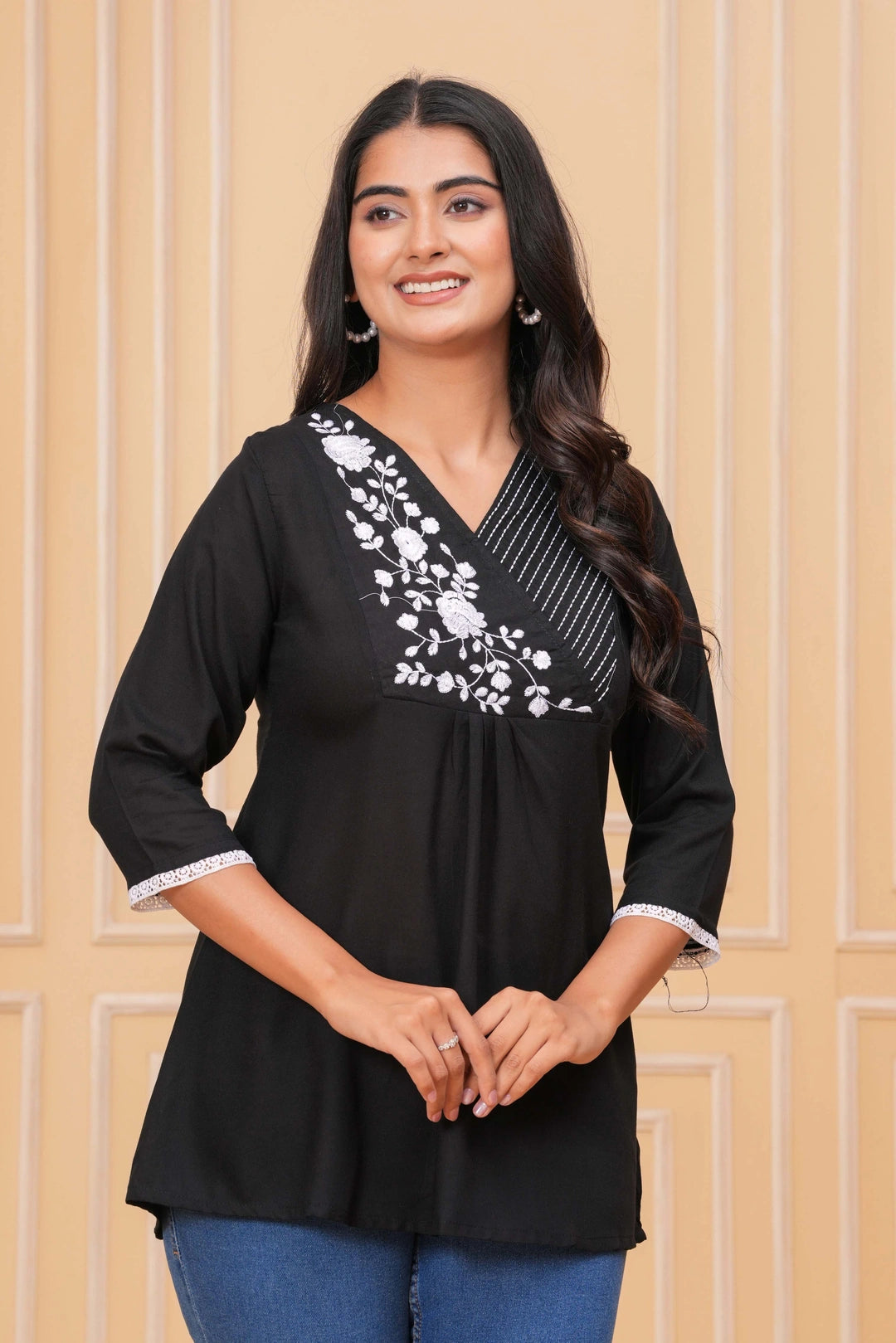 Embroidered Cotton Flex Kurta - Elegant Floral Yoke Design