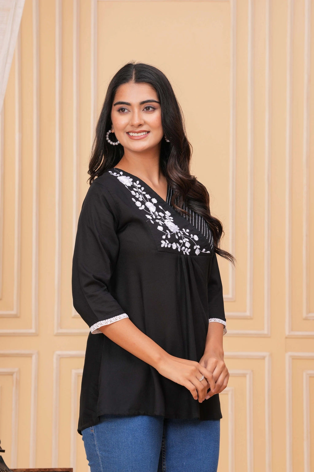 Embroidered Cotton Flex Kurta - Elegant Floral Yoke Design