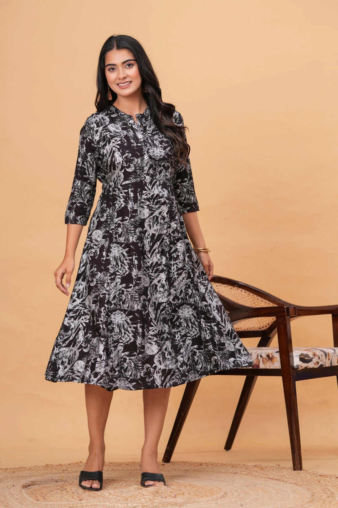 Black and white handblock printed cotton midi dress with abstract floral pattern