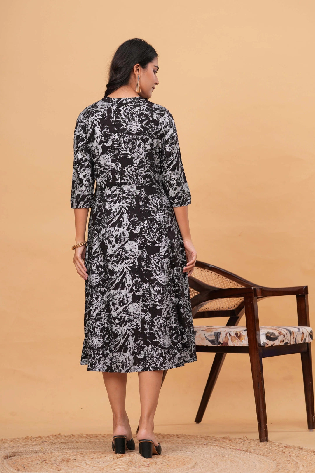 Handblock Printed Cotton Midi Dress - Abstract Floral