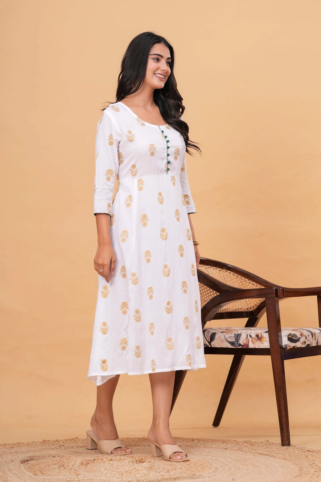 Handblock Printed Cotton Kurta - Golden Floral Motifs