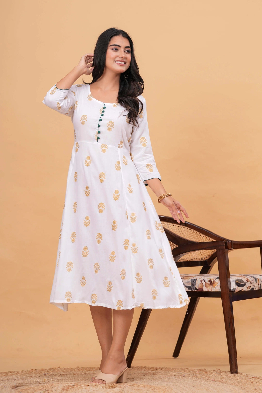 Handblock Printed Cotton Kurta - Golden Floral Motifs