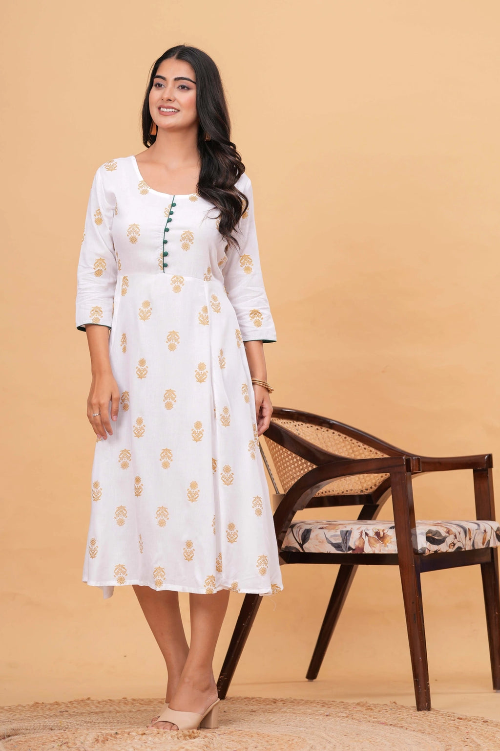 Handblock Printed Cotton Kurta - Golden Floral Motifs